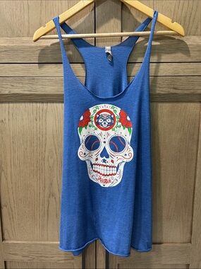 Blue Graphic Tank with Cub Blue, Red & White Sugar Skull Design